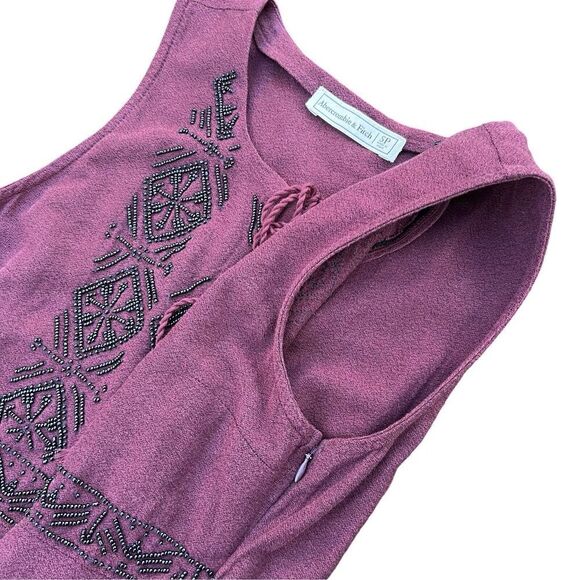 Abercrombie & Fitch Dress Women's Small Maroon Beaded Aztec Sleeveless Tie Neck - Picture 14 of 16